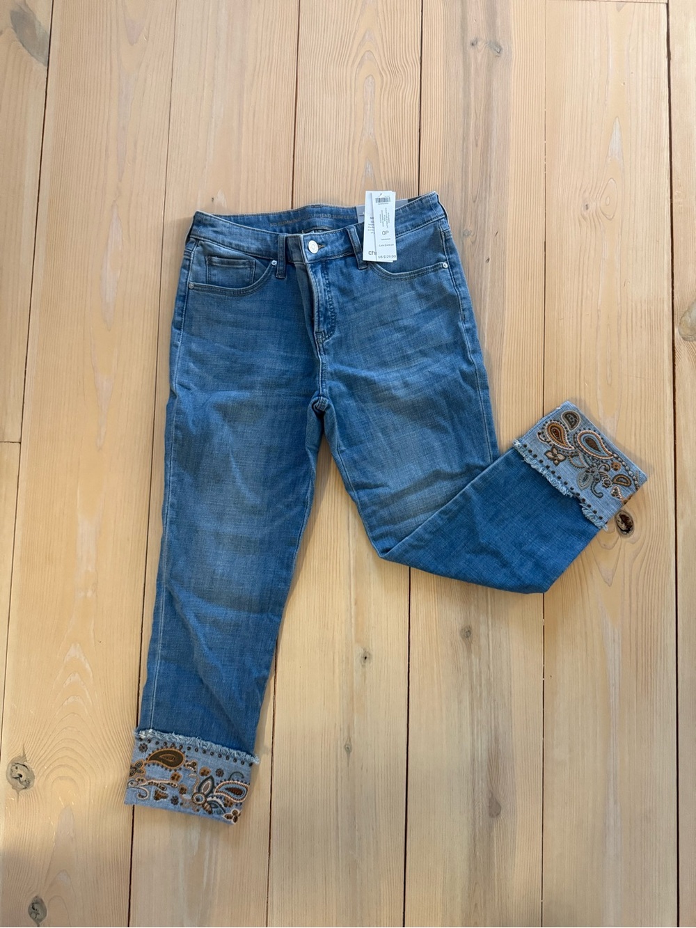 Chico’s So Slimming Girlfriend Slim Leg Jean, Cropped Cuffed Embroidered Ankle